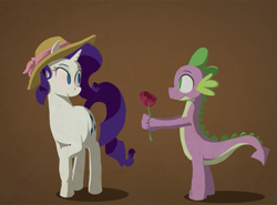 Size: 875x647 | Tagged: safe, artist:paper-pony, imported from derpibooru, rarity, spike, dragon, pony, female, flower, hat, looking at each other, male, mare, no pupils, one leg raised, rose, shipping, simple background, sparity, straight