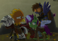 Size: 2500x1750 | Tagged: safe, artist:memeancholy, imported from derpibooru, oc, oc only, oc:aezar, oc:dauntless, oc:six-shooter, oc:vulcan, griffon, pegasus, pony, unicorn, zebra, fallout equestria, armor, battle saddle, canterlot, clothes, dashite, enclave, fanfic, fanfic art, female, glowing horn, gun, handgun, hat, hooves, horn, levitation, magic, male, mare, pink cloud (fo:e), pipbuck, revolver, rifle, spread wings, stallion, telekinesis, wasteland, weapon, wings, zebra oc