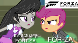 Size: 750x420 | Tagged: safe, edit, edited screencap, imported from derpibooru, screencap, octavia melody, scootaloo, equestria girls, rainbow rocks, argument, forza motorsport, misconception, pronunciation