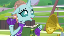 Size: 1920x1080 | Tagged: safe, imported from derpibooru, screencap, ocellus, changedling, changeling, 2 4 6 greaaat, book, cheerleader ocellus, cheerleader outfit, clothes, female, gramophone, solo