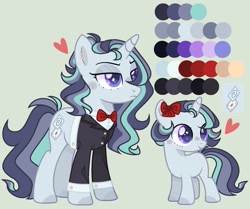 Size: 1280x1072 | Tagged: safe, artist:nocturnal-moonlight, imported from derpibooru, oc, oc only, oc:hypnotic spells, pony, unicorn, bow, clothes, female, filly, hair bow, heart, magical lesbian spawn, mare, offspring, parent:starlight glimmer, parent:trixie, parents:startrix, reference sheet, simple background, solo, suit