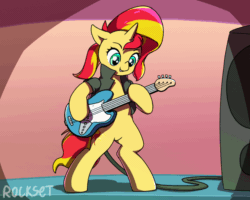Size: 1000x800 | Tagged: safe, artist:rockset, idw, imported from derpibooru, sunset shimmer, pony, unicorn, spoiler:comic, spoiler:comic79, animated, bipedal, clothes, cute, female, frame by frame, gif, guitar, jacket, leather jacket, mare, musical instrument, rock (music), shimmerbetes, smiling, solo, sunset shredder