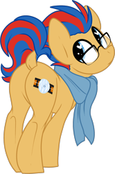 Size: 1280x1929 | Tagged: safe, artist:kellythedrawinguni, imported from derpibooru, oc, oc only, oc:soundwave, earth pony, pony, butt, clothes, cute, digital art, dock, glasses, heart eyes, looking at you, looking back, looking back at you, male, plot, raised tail, scarf, simple background, solo, stallion, tail, transparent background, wingding eyes