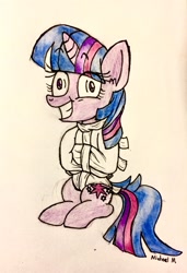 Size: 2211x3231 | Tagged: safe, artist:michaelmaddox222, imported from derpibooru, twilight sparkle, alicorn, pony, bondage, bookhorse, colored, cross-eyed, faic, female, insanity, pencil drawing, signature, sitting, solo, straitjacket, traditional art, twilight sparkle (alicorn)