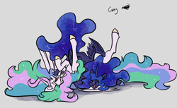 Size: 4160x2538 | Tagged: safe, artist:greyscaleart, imported from derpibooru, princess celestia, princess luna, alicorn, pony, constellation, constellation freckles, cuddle puddle, cuddling, cute, cutelestia, duo, ethereal mane, eyes closed, female, freckles, greyscaleart is trying to murder us, hoof shoes, jewelry, laughing, lunabetes, majestic as fuck, mare, pony pile, regalia, royal sisters, siblings, simple background, sisters, starry mane, white background