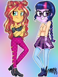 Size: 768x1024 | Tagged: safe, alternate version, artist:artmlpk, imported from derpibooru, sci-twi, sunset shimmer, twilight sparkle, equestria girls, alternate design, alternate hairstyle, blushing, boots, braid, clothes, crossed arms, curly hair, cute, design, digital art, duo, female, hair bun, long socks, ripped pants, shimmerbetes, shoes, smiling, smirk, smugset shimmer, socks, thigh highs, trendy style, twiabetes