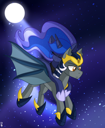 Size: 556x676 | Tagged: safe, artist:lady lita sparkle, imported from derpibooru, princess luna, oc, oc:icarus the lunar guard, alicorn, bat pony, pony, armor, bat pony oc, bat wings, clean, female, full moon, gift art, hoof shoes, lunar guard armour, male, mare, moon, moonlight, night, sleeping, stallion, stars, wings