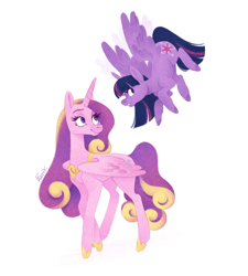 Size: 1280x1425 | Tagged: safe, artist:natashafenik, imported from derpibooru, princess cadance, twilight sparkle, alicorn, pony, cutie mark, duo, female, flying, long mane, mare, missing accessory, simple background, sisters-in-law, smiling, twilight sparkle (alicorn), white background