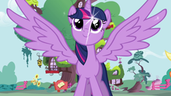 Size: 1280x720 | Tagged: safe, imported from derpibooru, screencap, applejack, twilight sparkle, alicorn, pony, golden oaks library, intro, looking up, opening, sparkles, spread wings, theme song, twilight sparkle (alicorn), wings