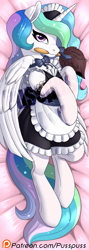 Size: 427x1200 | Tagged: safe, alternate version, artist:pusspuss, imported from derpibooru, princess celestia, alicorn, pony, body pillow, butt, clothes, dress, duster, evening gloves, eye, eyes, female, gloves, long gloves, maid, maidlestia, mare, mouth hold, obtrusive watermark, solo, stockings, thigh highs, watermark