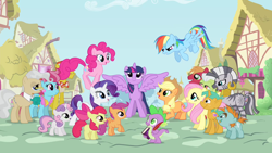 Size: 1280x720 | Tagged: safe, imported from derpibooru, screencap, apple bloom, applejack, big macintosh, carrot cake, cup cake, fluttershy, granny smith, mayor mare, pinkie pie, rainbow dash, rarity, scootaloo, snails, snips, spike, sweetie belle, twilight sparkle, zecora, alicorn, dragon, earth pony, pegasus, pony, unicorn, zebra, book, colt, cutie mark crusaders, female, filly, intro, male, mane seven, mane six, mare, opening, ponyville, quill, stallion, theme song, twilight sparkle (alicorn)