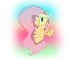 Size: 2000x1500 | Tagged: safe, artist:smileyjoke36, imported from derpibooru, fluttershy, pegasus, pony, bandaid, bandaid on nose, bust, chest fluff, ear fluff, female, floating wings, floppy ears, fluffy, looking at you, mare, one eye closed, simple background, smiling, solo, spread wings, transparent background, wings