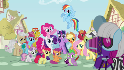 Size: 1280x720 | Tagged: safe, imported from derpibooru, screencap, apple bloom, applejack, big macintosh, carrot cake, cup cake, fluttershy, granny smith, mayor mare, photo finish, pinkie pie, rainbow dash, rarity, scootaloo, snails, snips, spike, sweetie belle, twilight sparkle, alicorn, dragon, earth pony, pegasus, pony, unicorn, zebra, book, camera, colt, cutie mark crusaders, female, filly, intro, male, mane seven, mane six, mare, opening, ponyville, quill, stallion, theme song, twilight sparkle (alicorn)