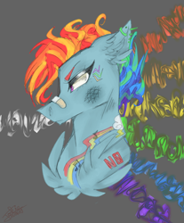 Size: 2000x2414 | Tagged: safe, artist:smileyjoke36, imported from derpibooru, rainbow dash, pony, abstract background, alternate hairstyle, alternative cutie mark placement, bandaid, bandaid on nose, bruised, bust, chest fluff, ear fluff, ear piercing, earring, female, floppy ears, jewelry, mare, music notes, narrowed eyes, piercing, solo, tattoo