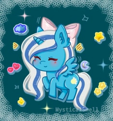 Size: 750x800 | Tagged: safe, artist:mysticalshell, imported from derpibooru, oc, oc:fleurbelle, alicorn, abstract background, adorabelle, alicorn oc, blushing, bow, chibi, cute, eyes closed, female, hair bow, happy, mare, space