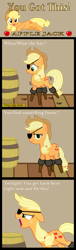 Size: 286x935 | Tagged: safe, artist:cheesepuffs, imported from derpibooru, applejack, earth pony, pony, amputee, applejack's hat, barrel, comic, cowboy hat, dialogue, eyepatch, female, funny, hat, looking at you, mare, open mouth, peg leg, prosthetic leg, prosthetic limb, prosthetics, quadruple amputee, solo, unamused, yelling