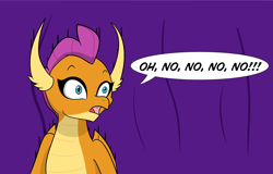 Size: 3196x2040 | Tagged: safe, artist:chedx, imported from derpibooru, smolder, dragon, comic:claws and hooves, dragoness, fear, female, no, reaction image, shocked, speech bubble