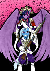 Size: 751x1064 | Tagged: safe, artist:zhaozoharex, imported from derpibooru, trixie, twilight sparkle, alicorn, anthro, colored, cover art, gun, jewelry, regalia, rifle, scepter, signature, twilight sparkle (alicorn), tyrant sparkle, weapon