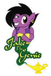 Size: 730x1095 | Tagged: safe, artist:showtimeandcoal, imported from derpibooru, oc, oc only, oc:jake the genie, earth pony, genie, pony, badge, clothes, commission, con badge, convention badge, ear piercing, earring, jewelry, lamp, magic lamp, male, piercing, simple background, smiling, smirk, smoke, solo, stallion, transparent background, vest