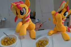 Size: 1800x1200 | Tagged: safe, artist:nekokevin, imported from derpibooru, sunset shimmer, human, pony, unicorn, carambola, do not want, female, fork, fruit, hand, irl, irl human, looking at something, mare, offscreen character, photo, plushie, raised hoof, sitting, smiling, solo focus, star fruit, underhoof