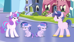 Size: 5184x2936 | Tagged: safe, artist:staricy097, imported from derpibooru, princess flurry heart, oc, oc:ever, oc:lovely shining, oc:never, pony, unicorn, base used, male, offspring, older, parent:princess cadance, parent:shining armor, parents:shiningcadance, stallion, twins