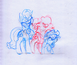 Size: 2237x1895 | Tagged: safe, alternate version, artist:dilarus, deleted from derpibooru, imported from derpibooru, applejack, pinkie pie, rainbow dash, earth pony, pegasus, pony, exclamation point, female, freckles, hat, laughing, mare, open mouth, simple background, size difference, smoldash, traditional art, white background