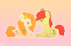 Size: 1400x900 | Tagged: safe, artist:luminousdazzle, imported from derpibooru, bright mac, pear butter, earth pony, pony, the perfect pear, abstract background, blushing, brightbutter, chibi, female, looking at each other, male, prone, shipping, signature, straight