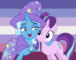 Size: 1010x791 | Tagged: dead source, safe, artist:lynmunn, imported from derpibooru, starlight glimmer, trixie, pony, female, lesbian, lesbian pride flag, shipping, startrix