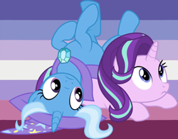 Size: 1010x791 | Tagged: dead source, safe, artist:lynmunn, imported from derpibooru, starlight glimmer, trixie, pony, female, lesbian, lesbian pride flag, shipping, startrix