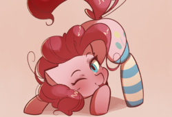 Size: 1280x876 | Tagged: safe, artist:bloodatius, artist:luxaestas, imported from derpibooru, pinkie pie, earth pony, pony, :p, clothes, cute, diapinkes, face down ass up, female, looking at you, one eye closed, raspberry, socks, solo, striped socks, tongue out, wink