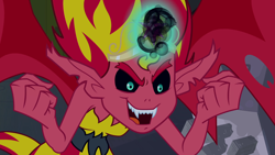 Size: 1920x1080 | Tagged: safe, imported from derpibooru, screencap, sunset shimmer, demon, equestria girls, equestria girls (movie), big crown thingy, element of magic, evil grin, evil magic, fangs, female, grin, jewelry, monster, regalia, smiling, solo, sunset satan