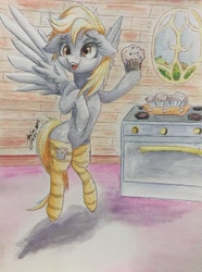 Size: 2618x3525 | Tagged: safe, artist:galinn-arts, imported from derpibooru, derpy hooves, pony, bipedal, clothes, cute, derpabetes, female, floppy ears, food, hoof hold, muffin, oven, signature, smiling, socks, solo, striped socks, traditional art, watercolor painting