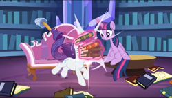 Size: 933x530 | Tagged: safe, imported from derpibooru, screencap, rarity, twilight sparkle, alicorn, pony, unicorn, dragon dropped, bitch slap, book, couch, face into books, library, twilight sparkle (alicorn), twilight's castle, twilight's castle library