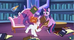 Size: 935x506 | Tagged: safe, imported from derpibooru, screencap, rarity, twilight sparkle, alicorn, pony, unicorn, dragon dropped, book, couch, library, twilight sparkle (alicorn), twilight's castle, twilight's castle library