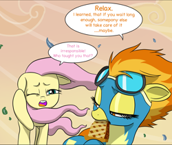 Size: 1024x868 | Tagged: safe, artist:doublewbrothers, imported from derpibooru, fluttershy, spitfire, pegasus, pony, hurricane fluttershy, comic, cropped, duo, eating, food, lidded eyes, one eye closed, pie, speech bubble, wind, windswept mane