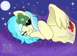 Size: 1200x885 | Tagged: safe, artist:thewater3star, imported from derpibooru, pegasus, pony, cute, cutiemarking, female, flower on ear, mare, moon, pegasus oc, sleepy, solo