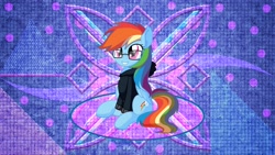 Size: 5120x2880 | Tagged: safe, artist:cyanlightning, artist:laszlvfx, edit, imported from derpibooru, rainbow dash, pegasus, pony, clothes, female, glasses, hoodie, solo, wallpaper, wallpaper edit