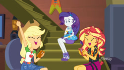 Size: 2048x1152 | Tagged: safe, imported from derpibooru, screencap, applejack, rarity, sunset shimmer, costume conundrum, equestria girls, equestria girls series, spoiler:choose your own ending (season 2), spoiler:eqg series (season 2), female, geode of empathy, geode of shielding, geode of super strength, iphone, magical geodes, sunset's apartment