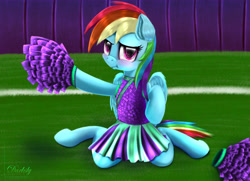 Size: 6300x4550 | Tagged: safe, artist:darksly, imported from derpibooru, rainbow dash, pegasus, pony, 2 4 6 greaaat, blushing, cheerleader, cheerleader outfit, cheerleader rainbow dash, clothes, cute, dashabetes, female, mare, moe, pleated skirt, pom pom, rainbow dash always dresses in style, skirt, solo, tsunderainbow, tsundere