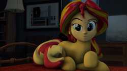 Size: 1804x1014 | Tagged: safe, artist:redaceofspades, imported from derpibooru, sunset shimmer, human head pony, equestria girls, 3d, bed, bedroom, cursed, cursed image, dark, lying, lying down, night, not salmon, ponies the anthology vii, reverse anthro, source filmmaker, tardy the man pony, wat, what has science done