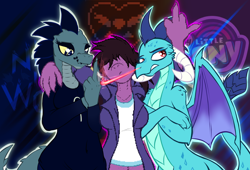 Size: 2400x1633 | Tagged: safe, artist:frist44, imported from derpibooru, princess ember, crocodile, dragon, lizard, arm on shoulder, beatrice santello, breasts, cigarette, clothes, crossover, deltarune, fire, fire breath, grumpy, hair over eyes, middle finger, night in the woods, susie (deltarune), unamused, vulgar