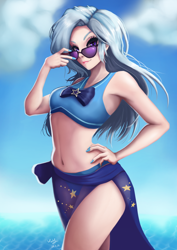 Size: 706x1000 | Tagged: safe, artist:the-park, imported from derpibooru, trixie, human, equestria girls, equestria girls series, forgotten friendship, armpits, belly button, bikini, clothes, female, human coloration, nail polish, sarong, solo, sunglasses, swimsuit