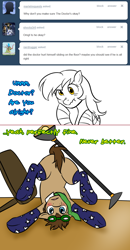 Size: 780x1502 | Tagged: safe, artist:jitterbugjive, imported from derpibooru, derpy hooves, doctor whooves, time turner, pony, lovestruck derpy, ask, clothes, featureless crotch, goggles, lamp, necktie, piledriver, socks, table, tumblr