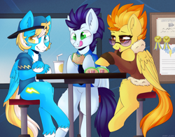 Size: 2500x1960 | Tagged: safe, artist:vert_glamis, imported from derpibooru, soarin', spitfire, oc, burger, clothes, colored pupils, food, hay burger, heterochromia, jacket, sunglasses, uniform, wonderbolts, wonderbolts dress uniform