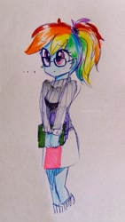 Size: 1512x2688 | Tagged: safe, artist:liaaqila, imported from derpibooru, rainbow dash, equestria girls, adorkable, alternate hairstyle, arm boob squeeze, clothes, cute, cyan smart, dashabetes, dork, egghead, egghead dash, female, glasses, meganekko, miniskirt, moe, ponytail, rainbow dork, schoolgirl, simple background, skirt, socks, solo, sweater, traditional art, weapons-grade cute, white background