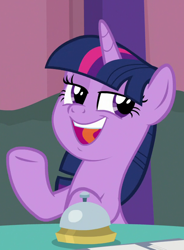 Size: 616x836 | Tagged: safe, imported from derpibooru, screencap, twilight sparkle, alicorn, pony, a trivial pursuit, aside glance, bell, cropped, female, gesture, mare, open mouth, raised hoof, reaction image, sideways glance, sitting, smiling, smug, solo, twilight sparkle (alicorn)