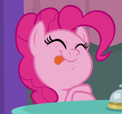 Size: 956x894 | Tagged: safe, imported from derpibooru, screencap, pinkie pie, earth pony, pony, a trivial pursuit, bell, cropped, cute, diapinkes, eyes closed, female, mare, reaction image, silly, silly pony, smiling, solo, tongue out