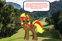 Size: 1114x741 | Tagged: safe, imported from derpibooru, oc, oc only, oc:skyward sword, oc:vulcanus, alicorn, pegasus, pony, skywar sword: las cronicas del caballero de fuego, alicorn oc, comic, horn, male, real life background, solo, spanish, stallion, standing, talking to viewer, wings