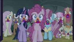 Size: 1915x1080 | Tagged: safe, imported from derpibooru, screencap, big macintosh, cheerilee, cup cake, fluttershy, granny smith, pinkie pie, pound cake, pumpkin cake, spike, twilight sparkle, twilight sparkle (alicorn), alicorn, earth pony, pegasus, pony, unicorn, 28 pranks later, cake twins, cookie zombie, rainbow muzzle, siblings, twins
