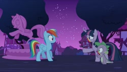 Size: 1910x1080 | Tagged: safe, imported from derpibooru, screencap, rainbow dash, spike, twilight sparkle, twilight sparkle (alicorn), alicorn, pegasus, pony, 28 pranks later, building, cookie zombie, fountain, ponyville, rainbow muzzle, statue, tree